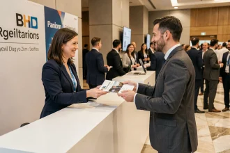 Stand d'accueil d'un événement professionnel Lesentreprisesfrenchy avec distribution du programme 2026 aux participants