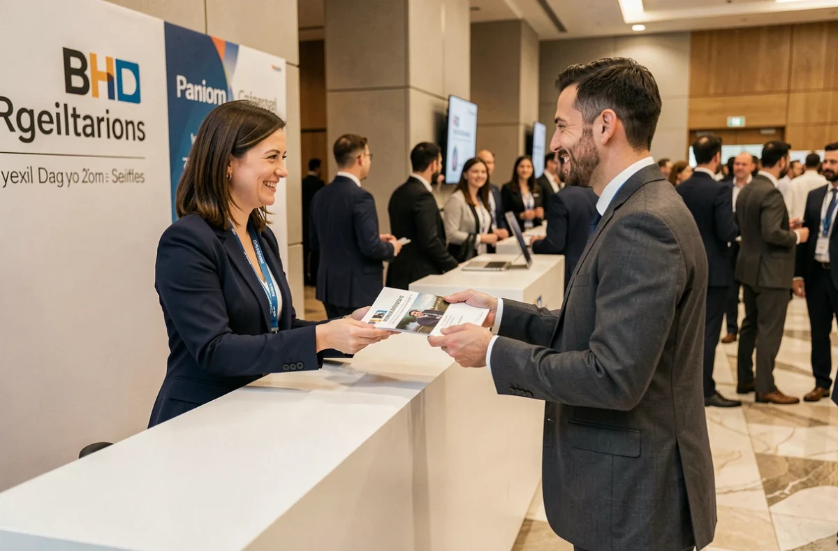 Stand d'accueil d'un événement professionnel Lesentreprisesfrenchy avec distribution du programme 2026 aux participants