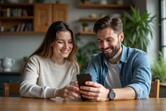 Deux adultes examinent un smartphone d'occasion à la maison