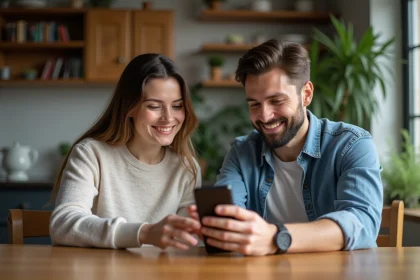 Deux adultes examinent un smartphone d'occasion à la maison