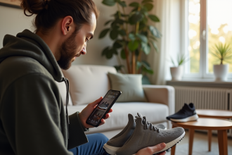 Acheteur examine des sneakers avec smartphone dans un salon lumineux