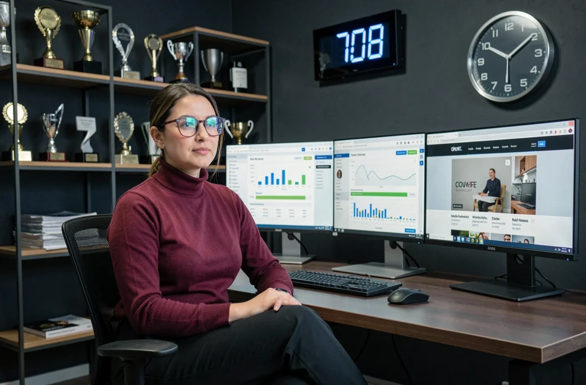 Une analyste d'Adfinity examinant des tableaux de bord de performance digitale dans un bureau moderne aux tons sombres