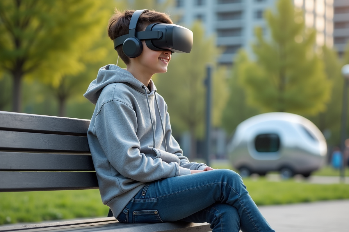 Adolescent avec casque AR dans un parc urbain futuriste