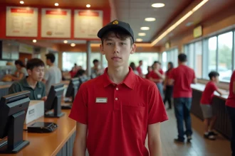 Jeune adolescent de 17 ans en uniforme de fast-food derrière une caisse enregistreuse, illustrant le travail à temps partiel chez McDonald's à 16 ans