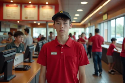 Jeune adolescent de 17 ans en uniforme de fast-food derrière une caisse enregistreuse, illustrant le travail à temps partiel chez McDonald's à 16 ans