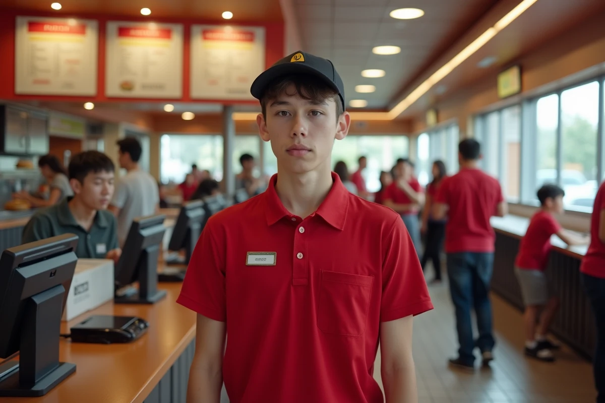 Jeune adolescent de 17 ans en uniforme de fast-food derrière une caisse enregistreuse, illustrant le travail à temps partiel chez McDonald's à 16 ans