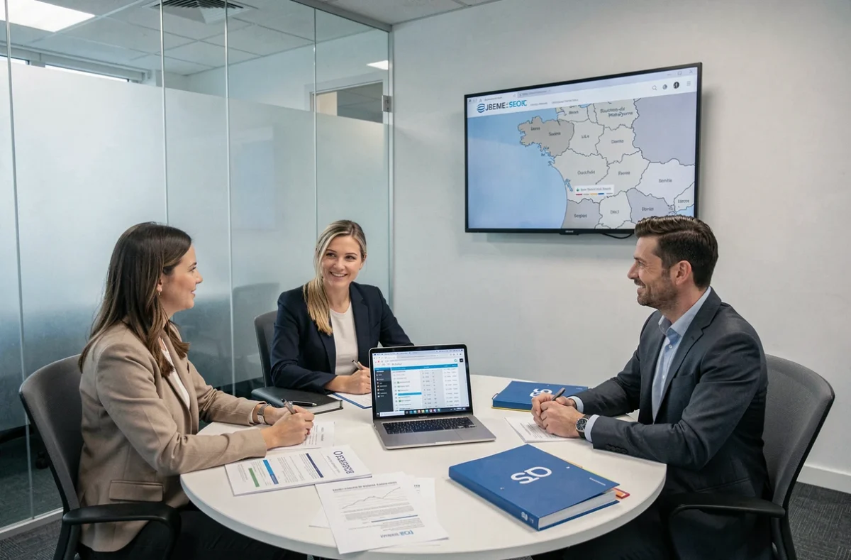 L'équipe d'e-partenaire en réunion stratégique autour de rapports SEO et de données de référencement local pour des clients régionaux