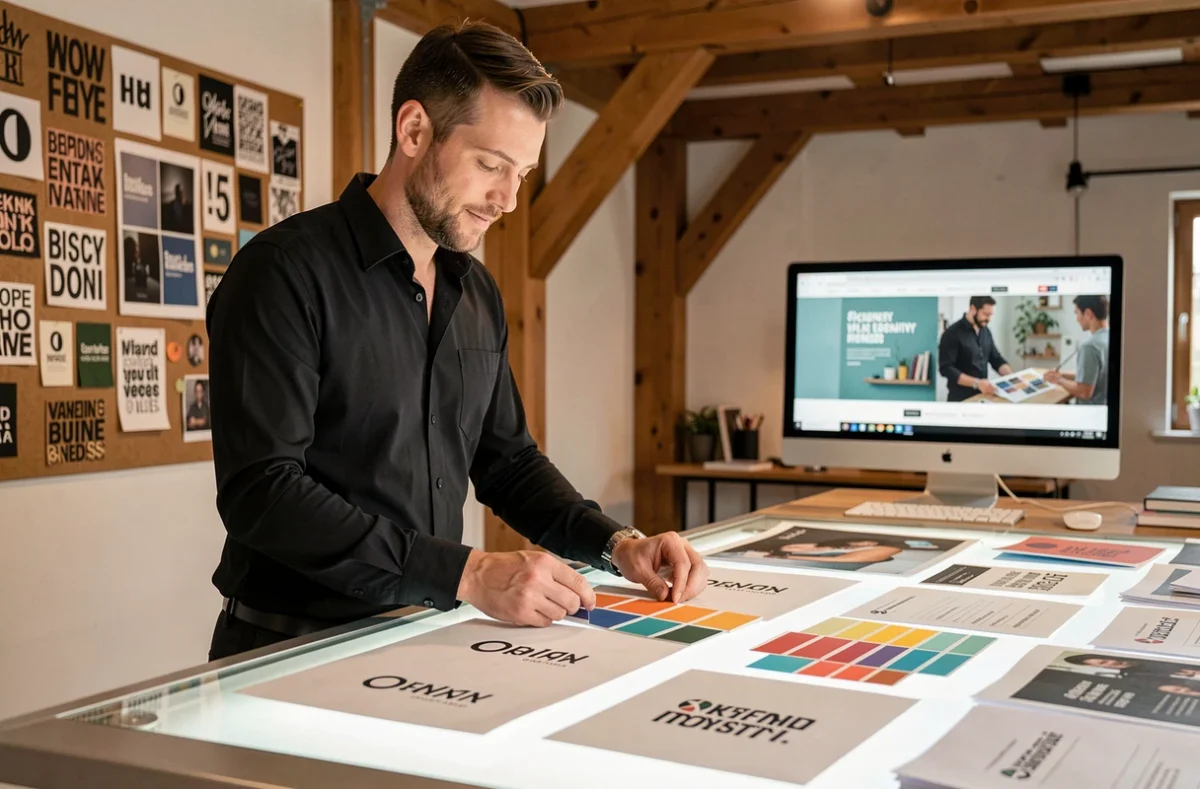 Directeur créatif de l'Agence Krea à Metz examinant des matériaux d'identité visuelle sur une table lumineuse