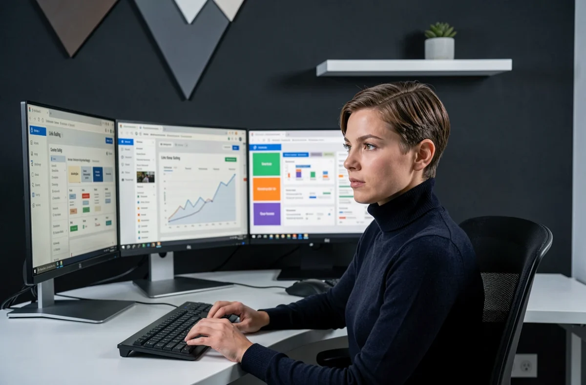 Spécialiste SEO de LK Interactive gérant des campagnes de netlinking et d'analyse concurrentielle sur un poste de travail multi-écrans