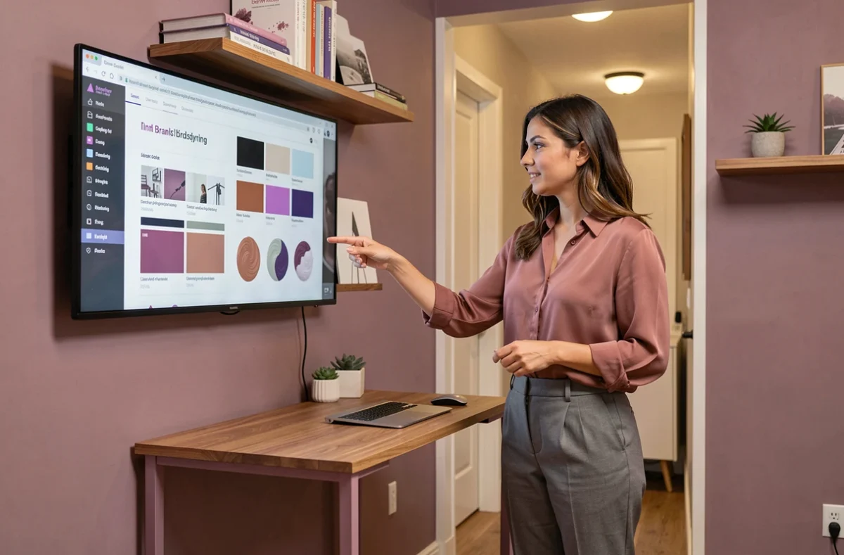Une collaboratrice de l'Agence Mauve présentant un projet d'identité visuelle dans ses locaux aux tons mauves