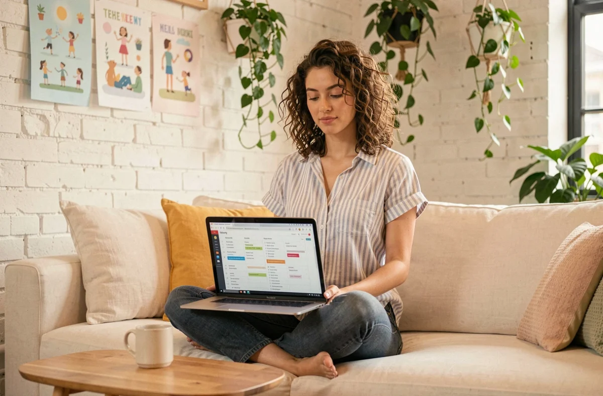Consultante de l'agence Mazette travaillant sur une stratégie de contenu SEO dans un espace de travail créatif et chaleureux
