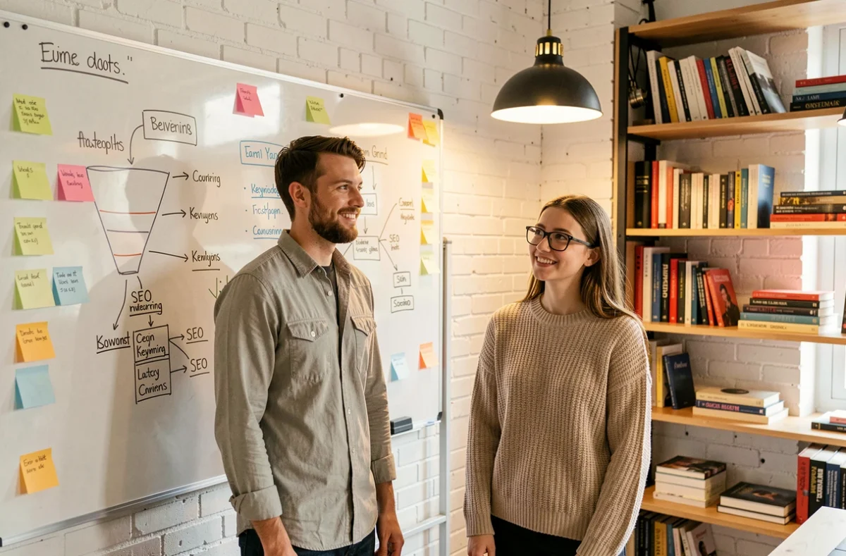 L'équipe créative de Mindfruits développant une stratégie SEO autour d'un tableau blanc avec architecture de contenu et mots-clés