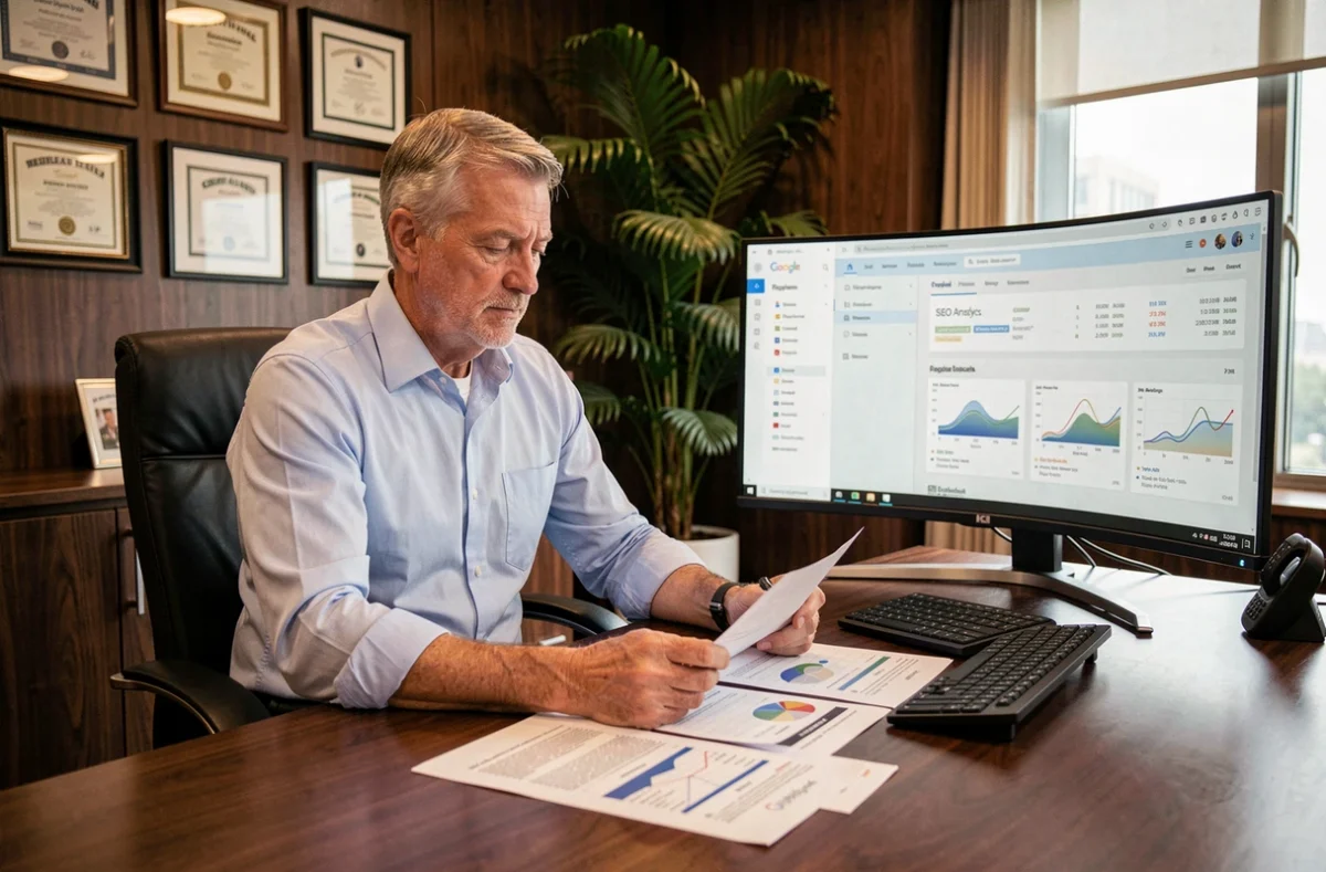 Directeur de l'agence Netpub examinant des rapports SEO et des données de performance client dans un bureau professionnel établi