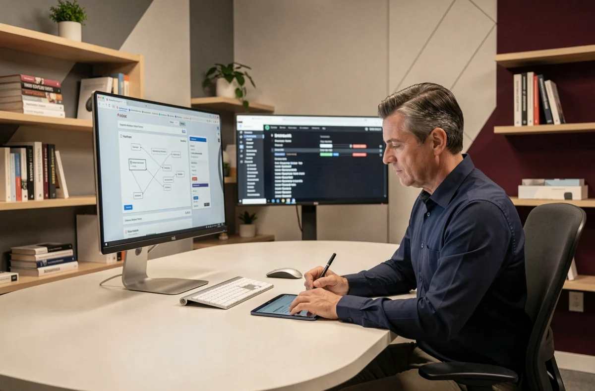 Designer de l'agence RG Design travaillant sur une stratégie SEO et des maquettes de site web dans un studio créatif moderne