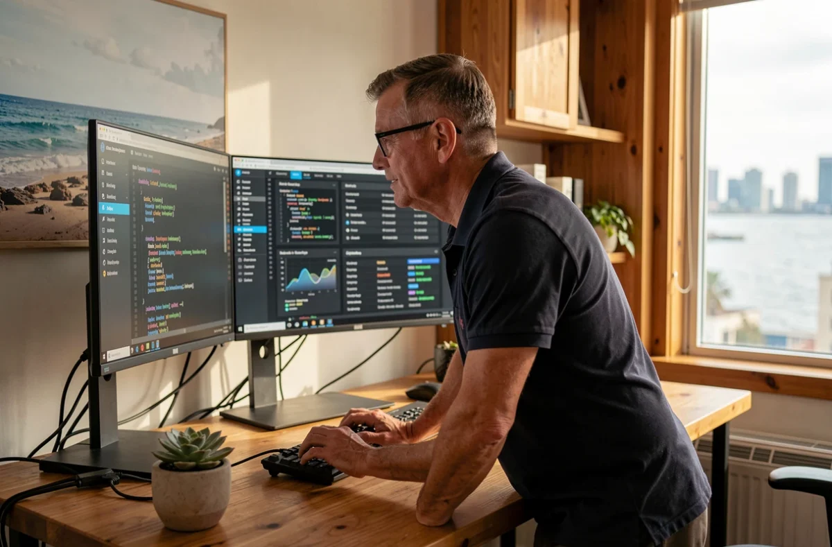 Développeur web de l'agence Webcoco travaillant sur l'optimisation SEO technique d'un site dans un studio créatif côtier