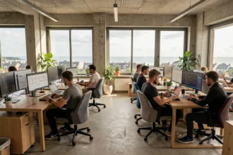 Vue d'ensemble d'une agence de création de sites internet dans le Finistère, avec des équipes travaillant sur des projets web