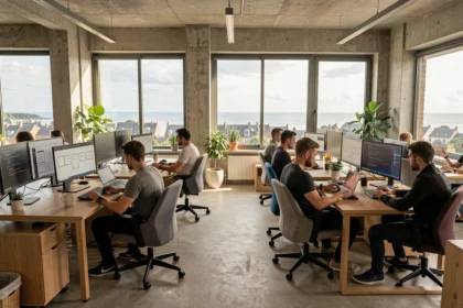 Vue d'ensemble d'une agence de création de sites internet dans le Finistère, avec des équipes travaillant sur des projets web