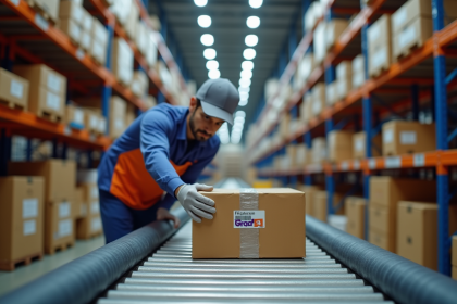 Employé FedEx manipulant un colis fragile avec soin
