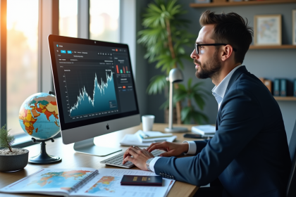 Agent de voyage analysant des graphiques financiers dans un bureau