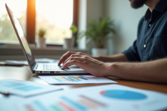 Personne analysant dépenses publicitaires sur un ordinateur moderne