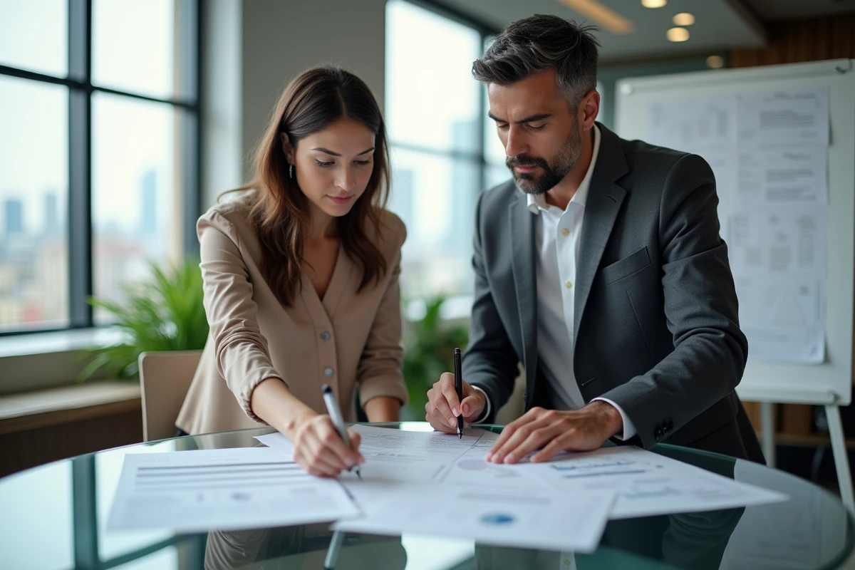 Deux collègues analysant ensemble des documents financiers d'une société avant de procéder à un investissement, dans un espace de coworking moderne
