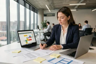 Consultante analysant un micro-environnement d'entreprise avec des documents SWOT et un laptop dans un bureau moderne