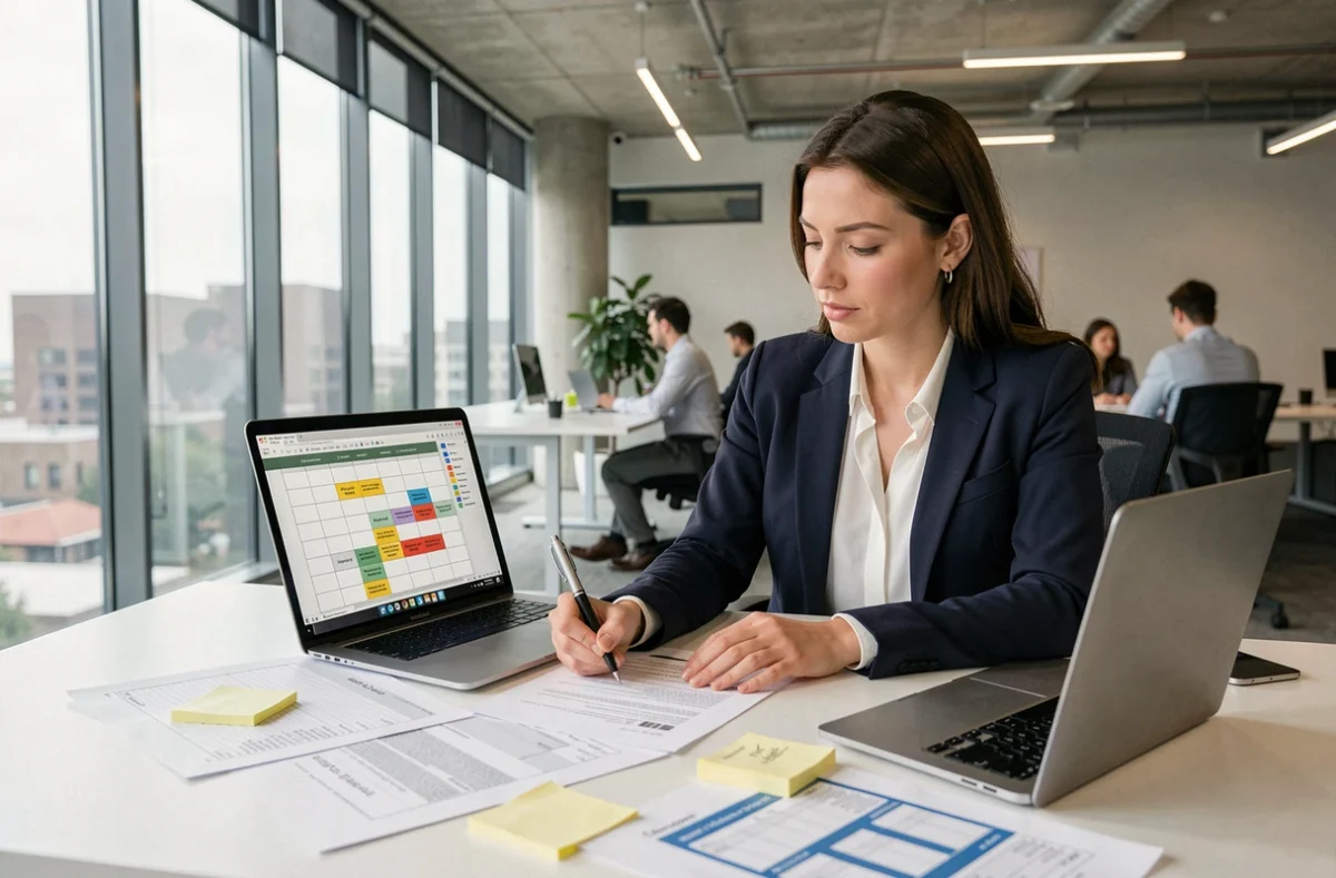 Consultante analysant un micro-environnement d'entreprise avec des documents SWOT et un laptop dans un bureau moderne