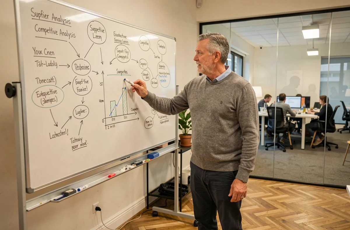 Manager présentant une cartographie des concurrents et fournisseurs sur un tableau blanc dans une salle de réunion startup