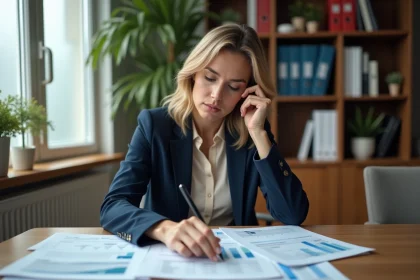 Femme analyste examinant des rapports financiers sur un bureau en bois, illustrant le calcul du retour sur investissement de Koivaninbez