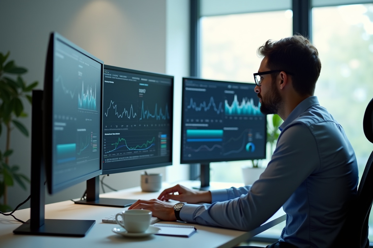 Analyste concentré travaillant seul avec des écrans de visualisation de données dans un espace calme