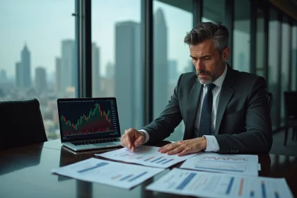 Analyste financier examinant des rapports de risques d'investissement sur une table de conférence en bois dans un bureau moderne avec vue urbaine