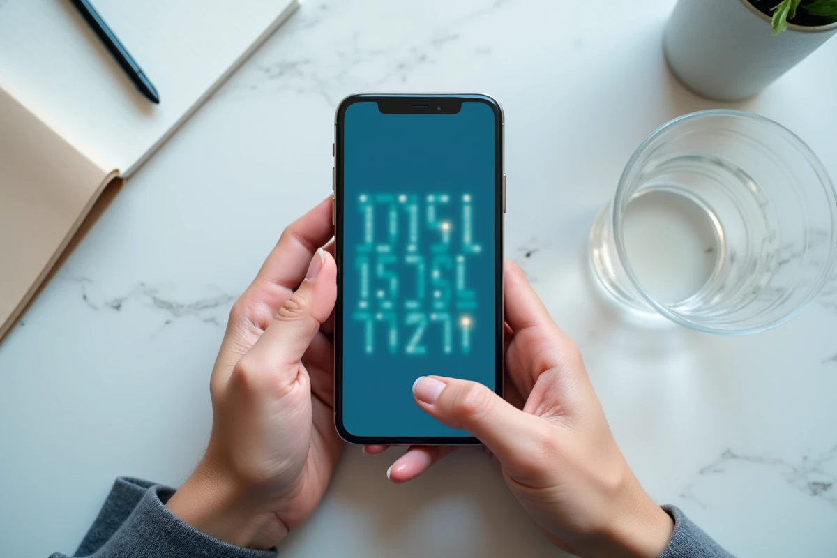 Gros plan de mains tenant un smartphone affichant une application de génération de numéro de téléphone jetable pour préserver l'anonymat en ligne