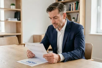 Homme en costume bleu examinant des documents financiers sur un bureau en bois dans un bureau professionnel moderne