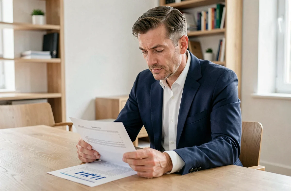 Homme en costume bleu examinant des documents financiers sur un bureau en bois dans un bureau professionnel moderne