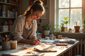 Artisan souriant arrangeant bijoux faits main sur une table lumineuse