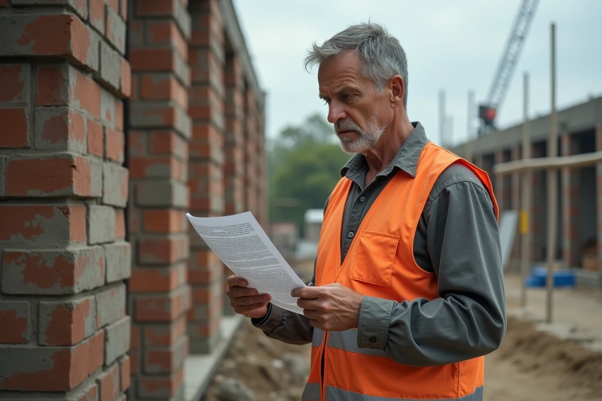 Artisan du bâtiment examinant un contrat douteux sur un chantier de construction, illustrant les risques d'arnaque dans le secteur BTP