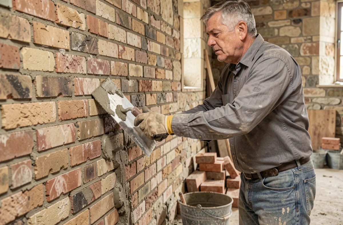 Artisan maçon appliquant du mortier sur un mur en briques lors d'une rénovation