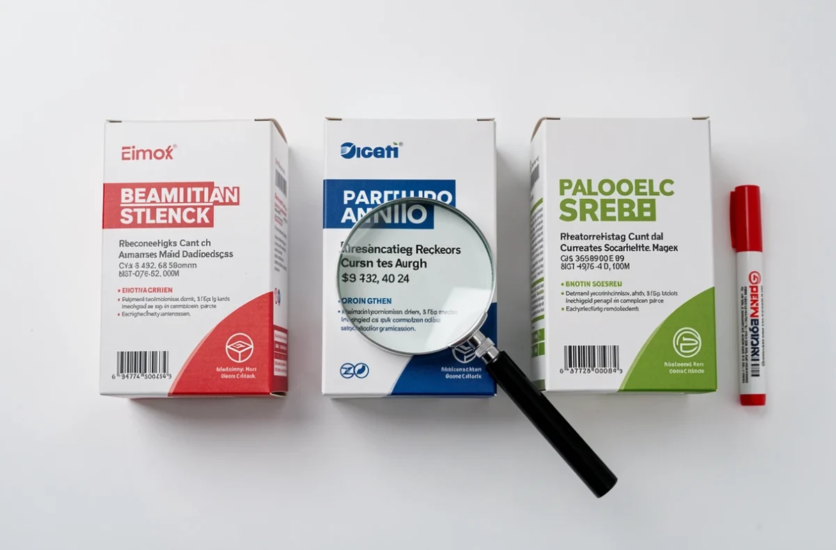 Vue aérienne de packagings produits en cours d'audit avec loupe et marqueur rouge, illustrant la vérification des erreurs sur les visuels non contractuels