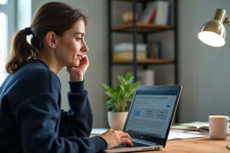 Auto-entrepreneur vérifiant un numéro SIRET sur un ordinateur portable dans un bureau à domicile