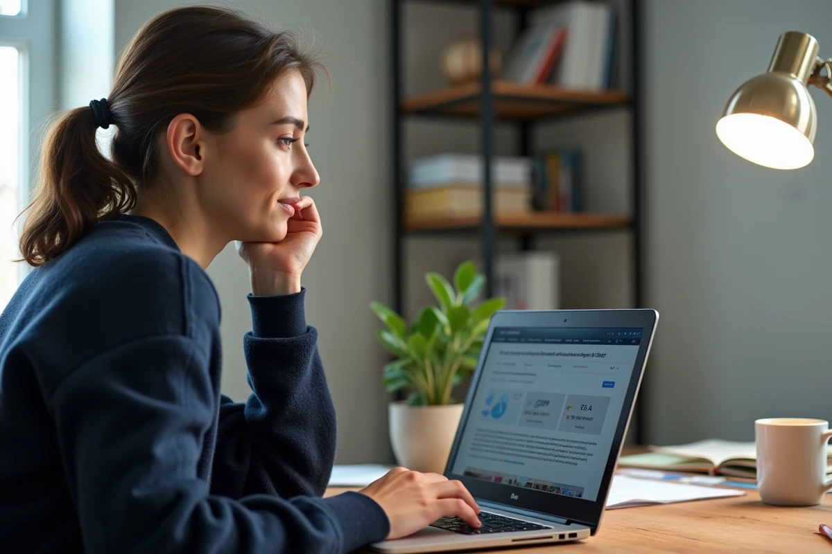 Auto-entrepreneur vérifiant un numéro SIRET sur un ordinateur portable dans un bureau à domicile