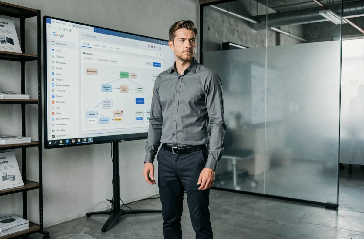 Expert SEO de Biper Studio analysant l'architecture d'un site web et les données de performance dans un studio numérique moderne