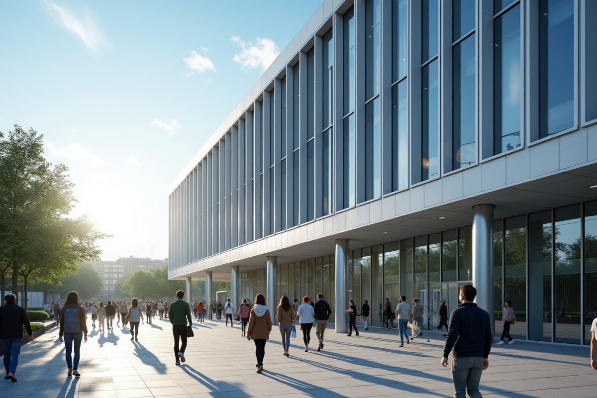 Bâtiment moderne avec piétons devant représentant la loi