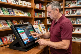 Buraliste utilisant un terminal numérique Profession Jeu dans un tabac français