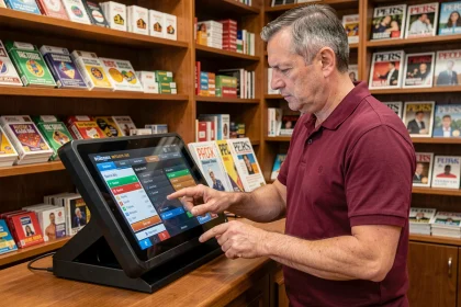Buraliste utilisant un terminal numérique Profession Jeu dans un tabac français