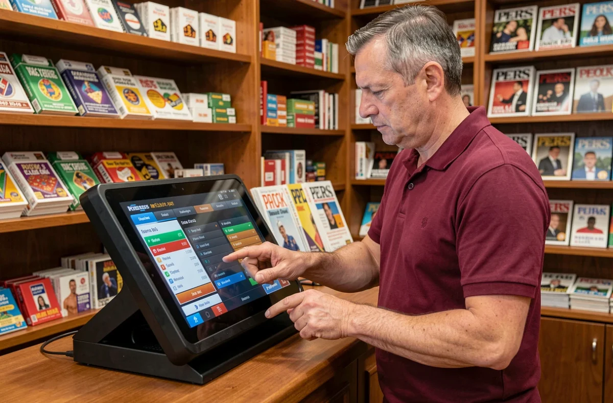 Buraliste utilisant un terminal numérique Profession Jeu dans un tabac français