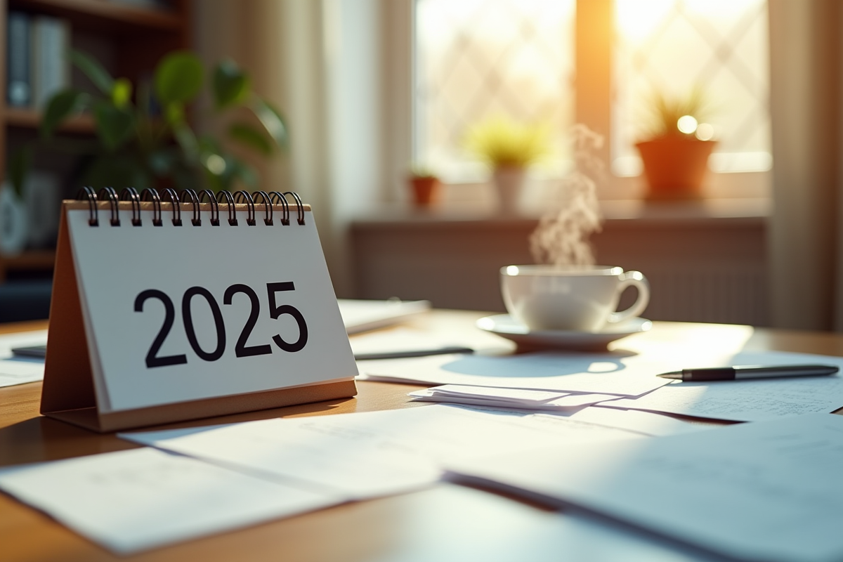 Bureau lumineux avec calendrier 2025 et documents officiels