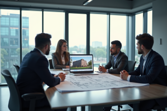 Salle de réunion moderne avec architectes discutant plans