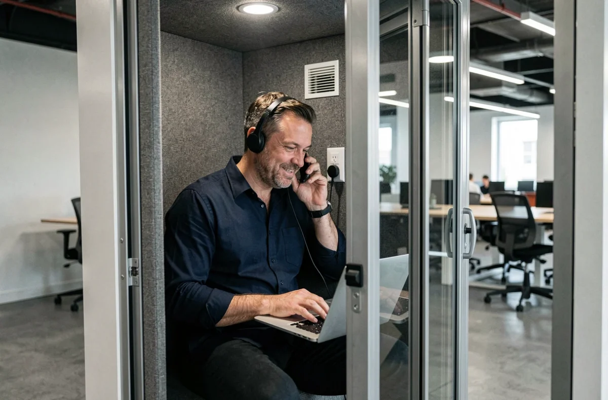 Homme en cabine téléphonique insonorisée dans un espace de coworking à Narbonne