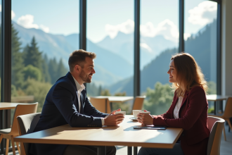 Deux collègues suisses prennent une pause café dans un bureau lumineux