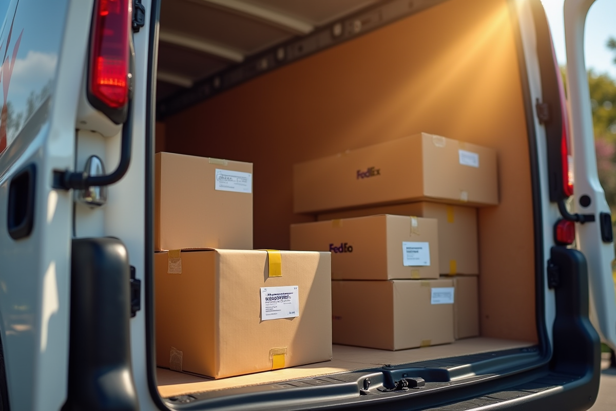 Véhicule FedEx avec colis fragile bien rangés à l
